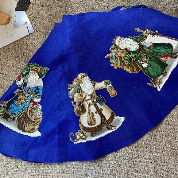 Vintage Blue MERRY CHRISTMAS TREE SKIRT Fabric Panel Santa Clause Holiday Decor - Picture 1 of 4